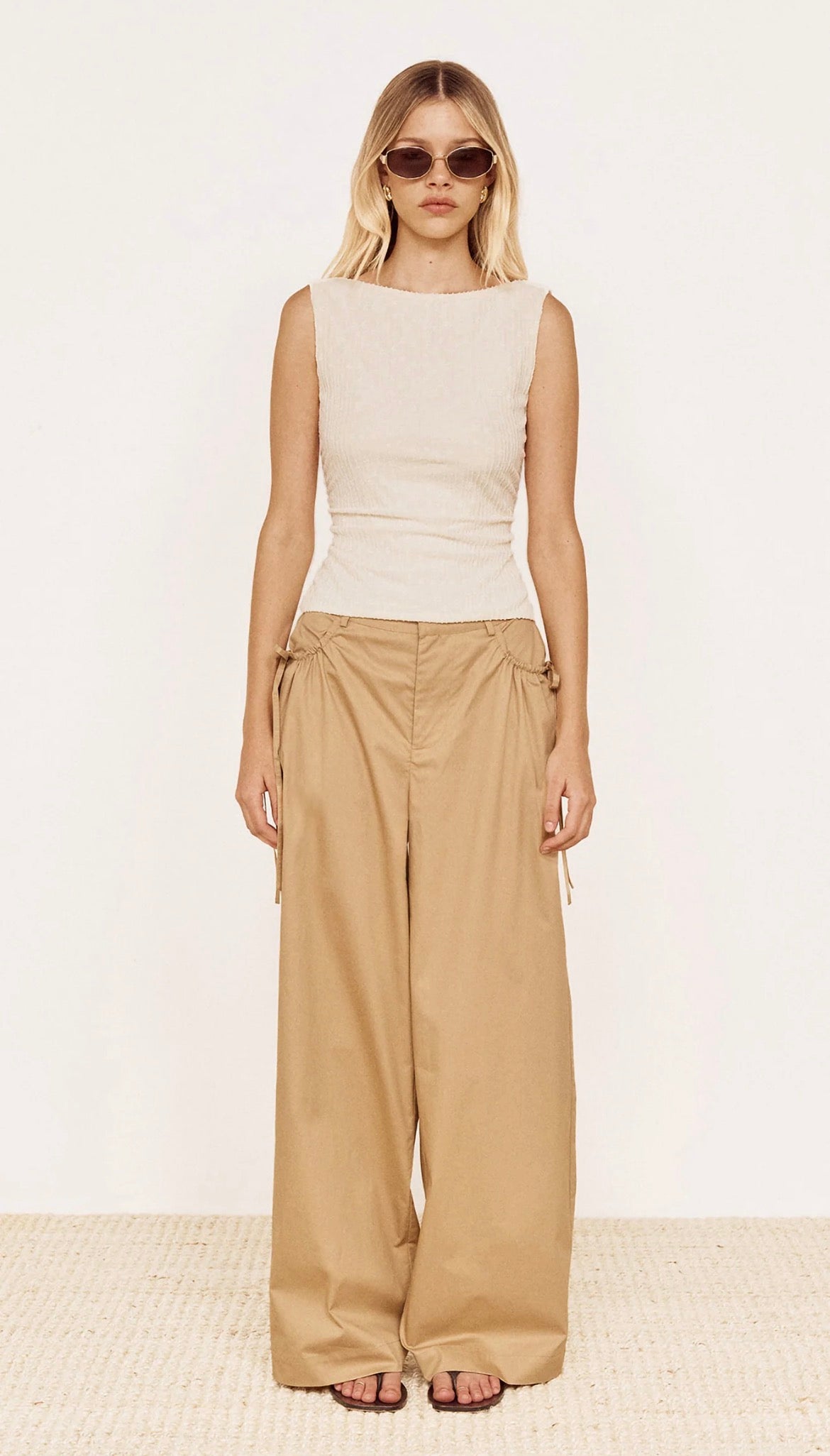 MINK PINK - Boat Neck Rib Detail Mesh Top - Cream