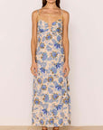 MINK PINK - Linen Blend Blue Floral Bias Midi Dress