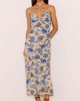 MINK PINK - Linen Blend Blue Floral Bias Midi Dress