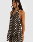 ORTC - Elise Linen Wrap Top. Carob Polkadot