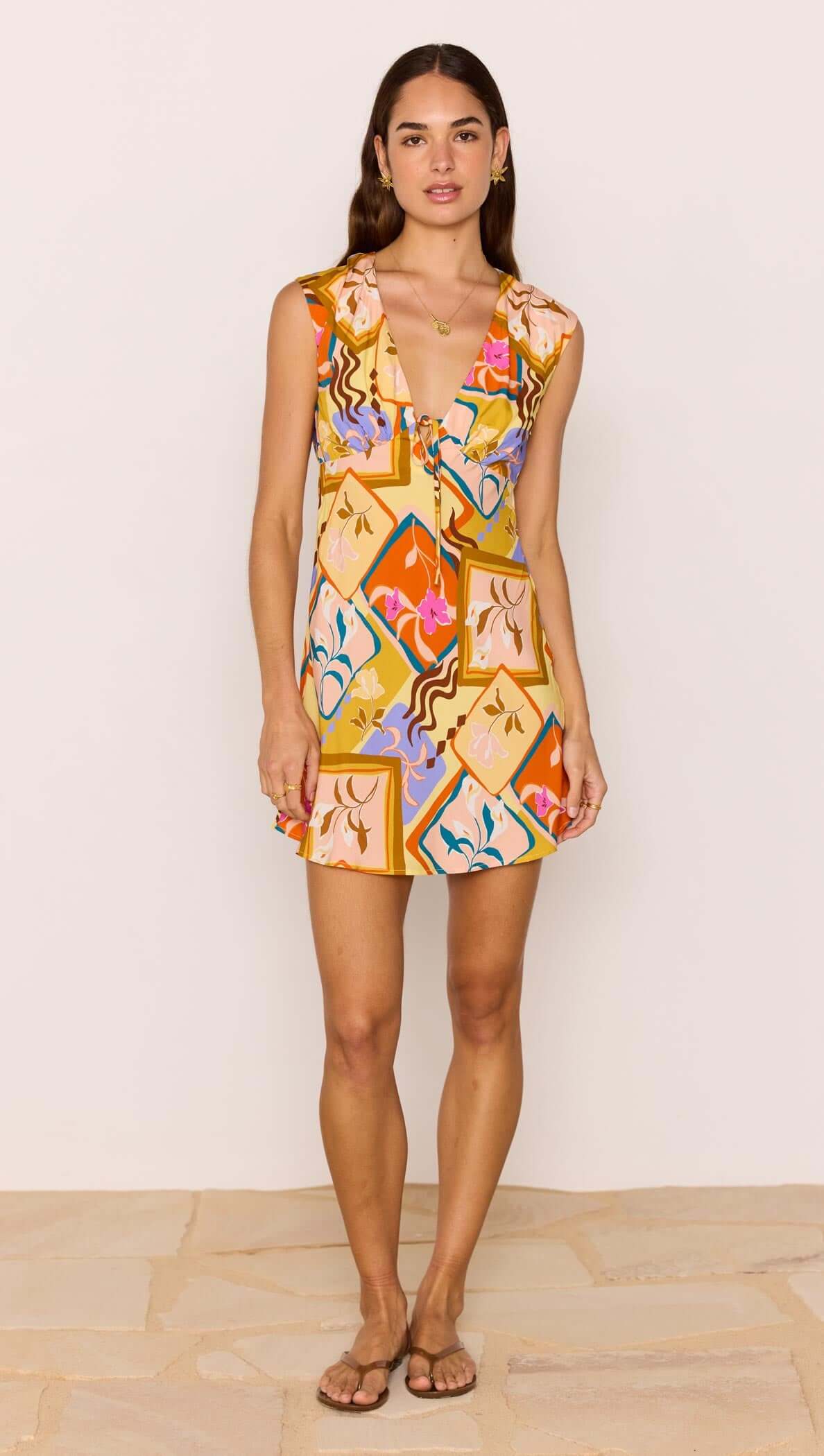 pink scarf print dress Hitomi Light Pink Multi Scarf Print Lace-Up Ruffled Midi Dress