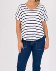 ONE TEN WILLOW - V-Neck Curve Hem Tee - White / Navy Stripe