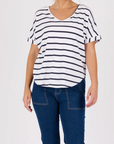 ONE TEN WILLOW - V-Neck Curve Hem Tee - White / Navy Stripe