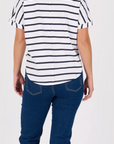 ONE TEN WILLOW - V-Neck Curve Hem Tee - White / Navy Stripe