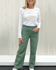 THREADZ- Maddy Pull On Wide Leg Denim Jean - Khaki