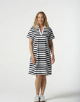 GOONDIWINDI COTTON - V Neck Cotton Jersey Dress.  Navy and White