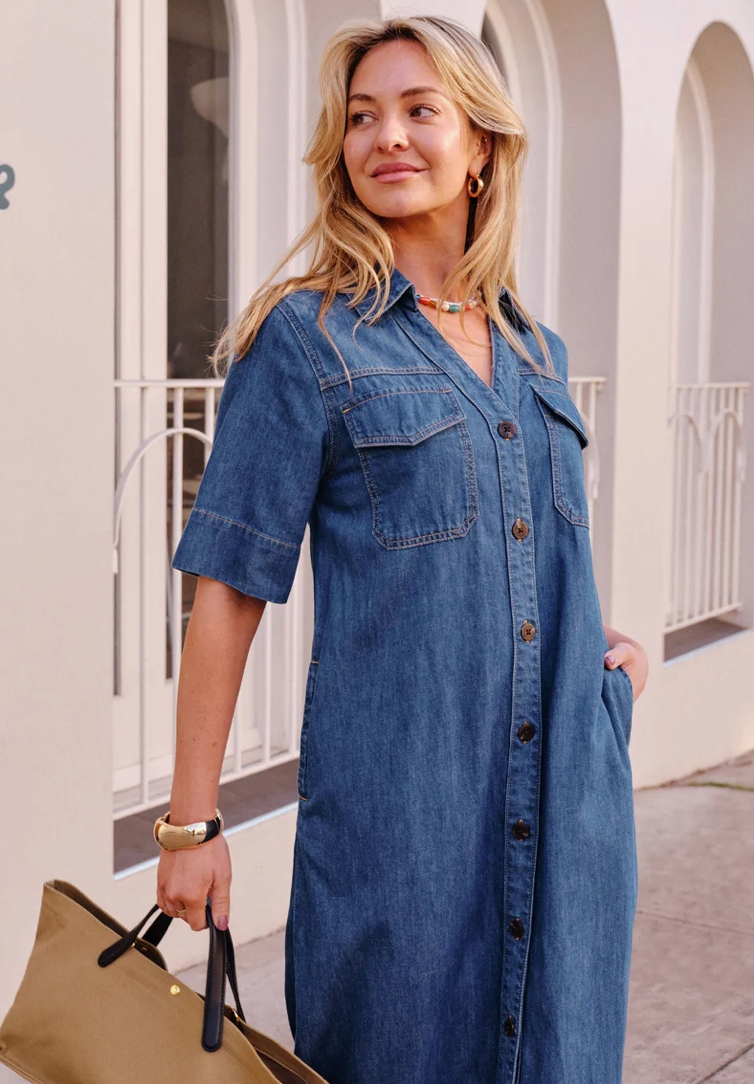 CERES Sloane Short Sleeve Midi Dress - True Indigo