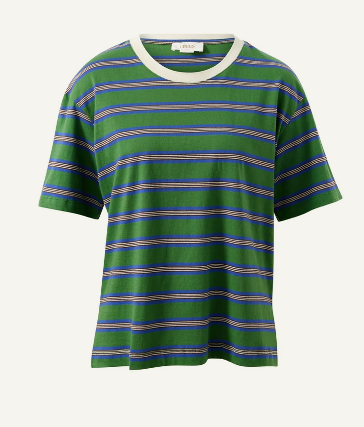 CERES Stevie Slouchy Tee - Basil/Blue Stripe