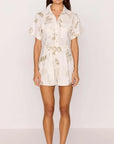MINK PINK - White & Sage Leaf Print Willow Playsuit