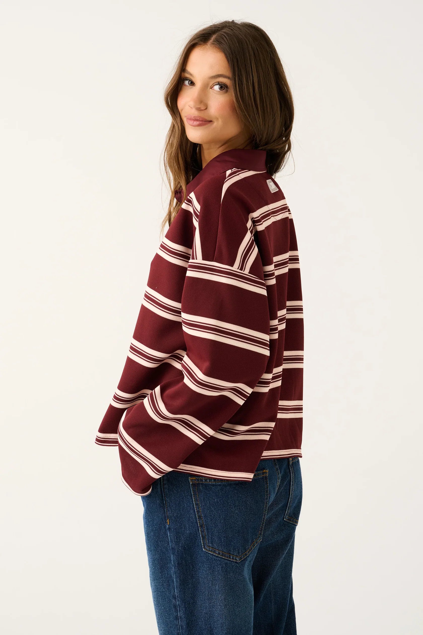 CARTEL &amp; WILLOW - Freddie Rugby Top - Burgandy Stripe