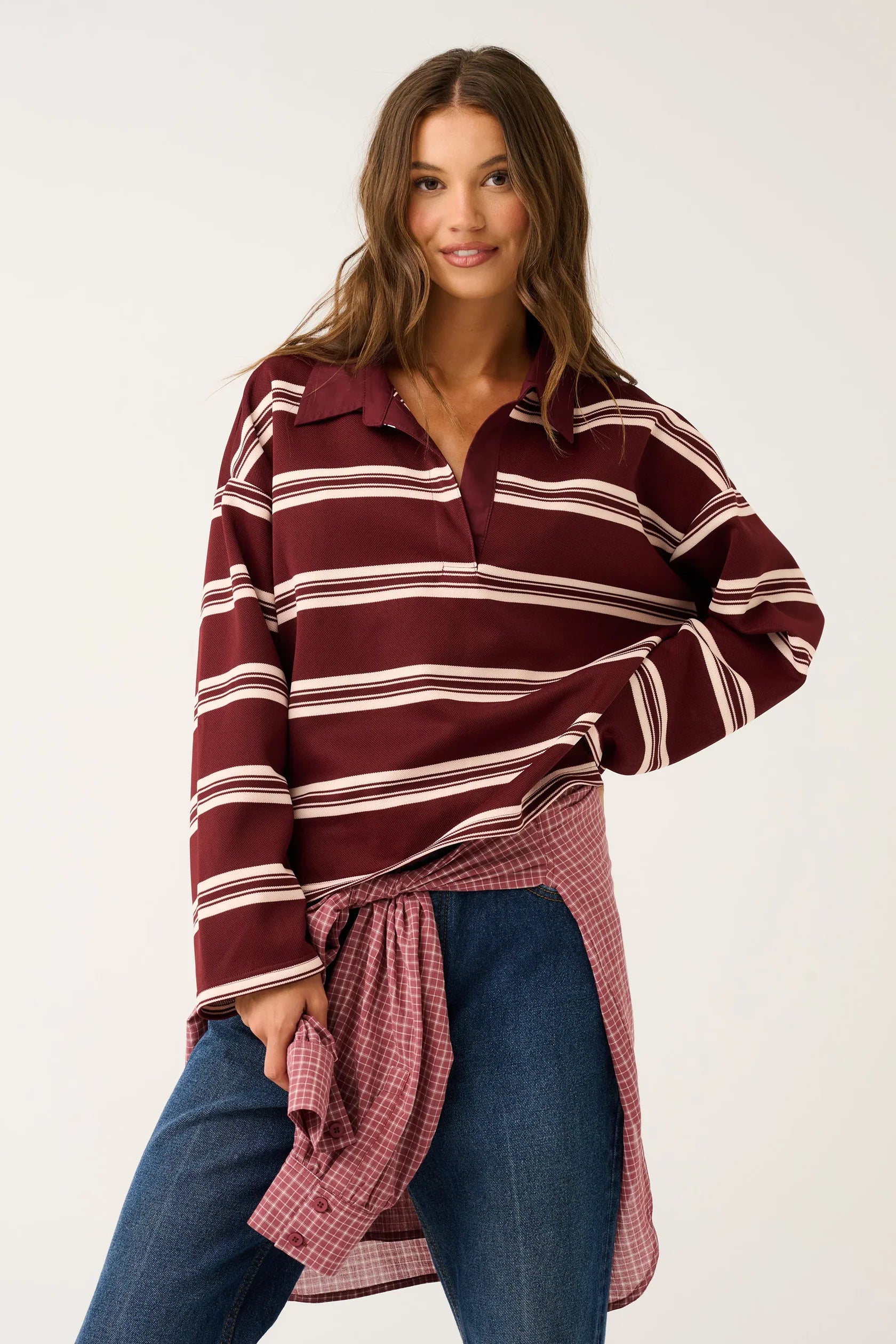 CARTEL &amp; WILLOW - Freddie Rugby Top - Burgandy Stripe