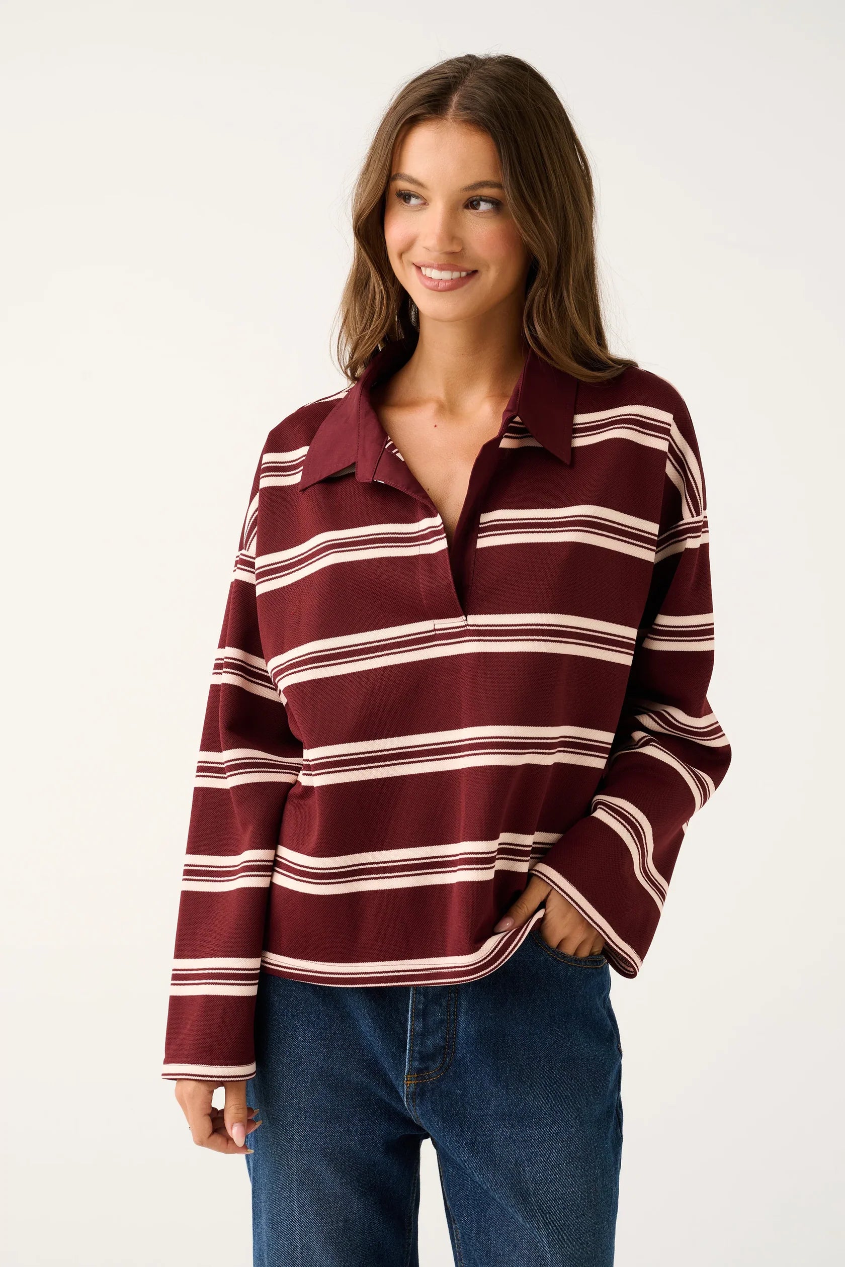 CARTEL &amp; WILLOW - Freddie Rugby Top - Burgandy Stripe